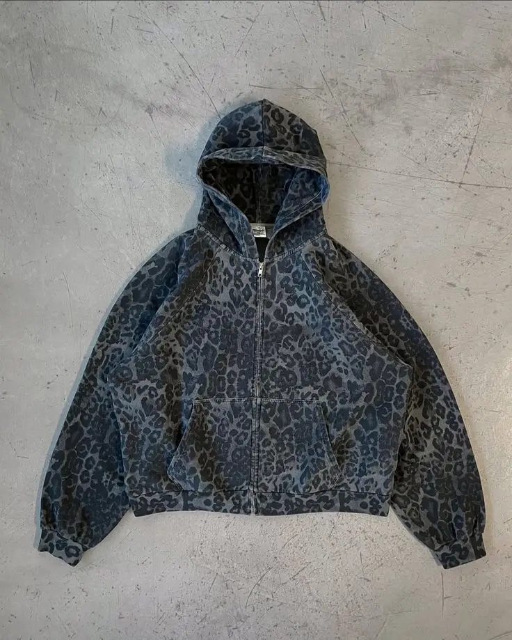 Mens Fashion Zip Up Hoodies - Ретро-худи с леопардовым принтом в стиле